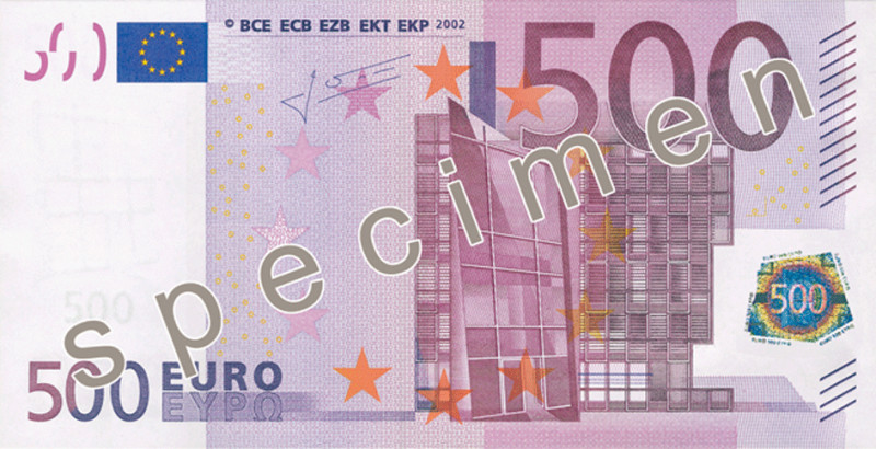 500歐元紙幣是目前世界上面額最大的紙鈔，以同重量計算，比黃金價值高出好幾倍。   圖：翻攝維基網站