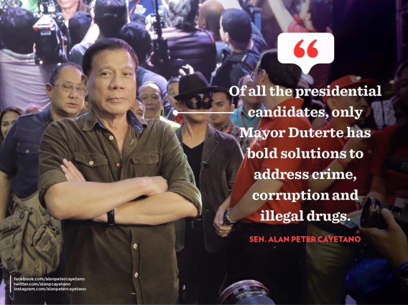 杜特地可望當選菲律賓下屆總統，他強調將以打擊犯罪、貪污瀆職作為最優先的施政方針。   圖：翻攝杜特地競選臉書