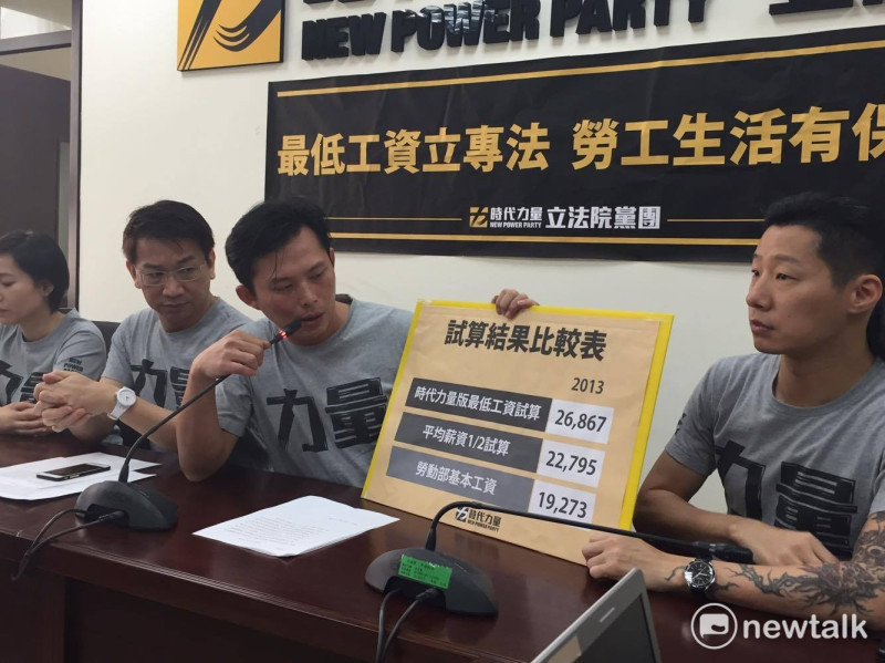 時代力量29日召開「最低工資立法記者會」，要求將最低工資法制化，保障勞工權益，扭轉台灣勞工低薪趨勢。   圖：鄭佑漢/攝