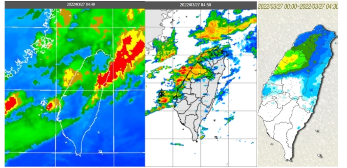 今晨4：40紅外線雲圖顯示，「鋒面」雨帶通過中部以北(左圖)。4：50雷達回波合成圖顯示，「鋒面」雲帶伴隨較強降水回波(中圖)。4：30累積雨量圖顯示，中部以北明顯降雨(右圖)   圖/「三立準氣象．老大洩天機」專欄