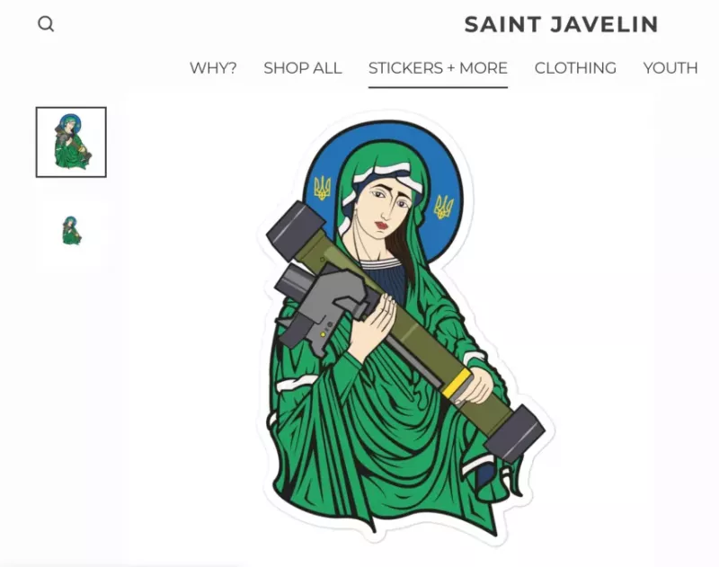 Christian Borys 的「標槍聖母」的迷因商品正在幫助支持烏克蘭。   圖:截自saintjavelin.com