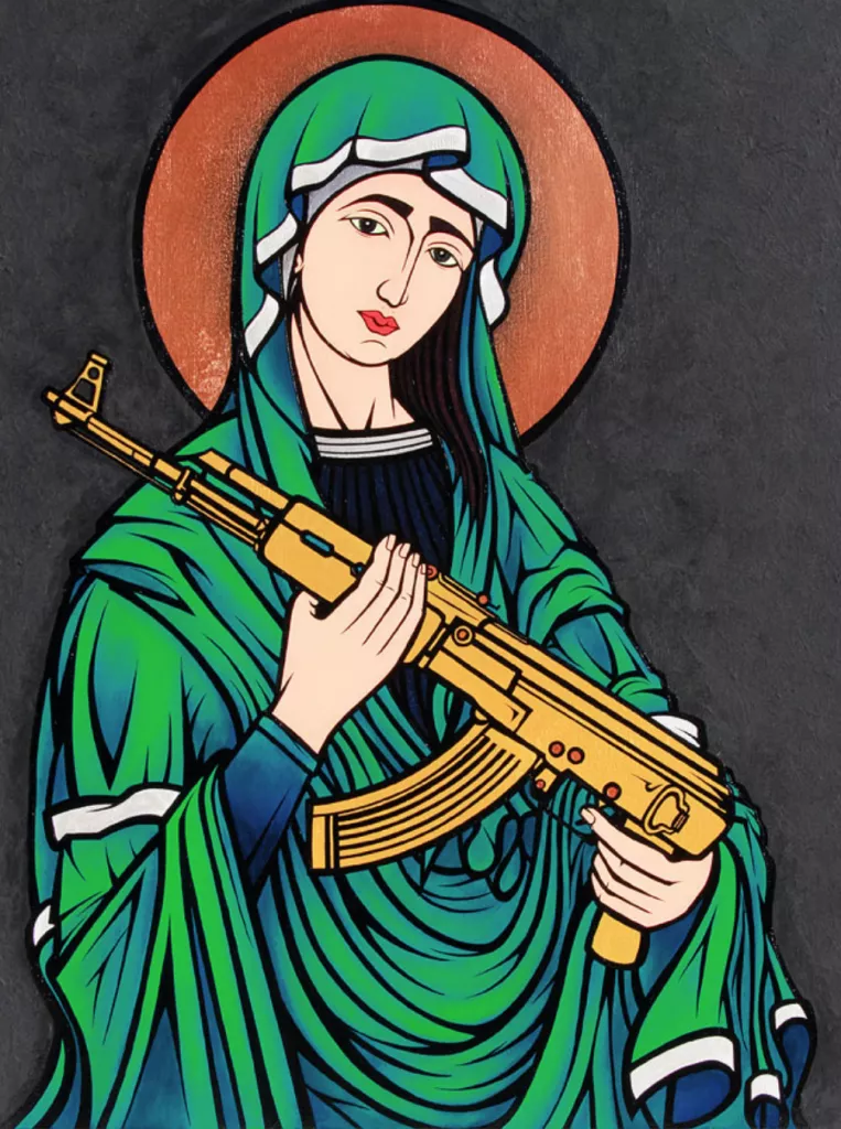 美國藝術家 Chris Shaw 2012 年的原作「Madonna Kalashnikov」，也是標槍聖母的起源。   圖:Chris Shaw 