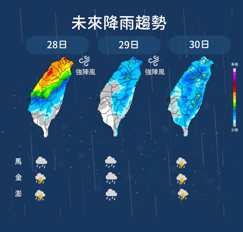 未來三天降雨趨勢，週二華南雲雨區遠離，週三的時候鋒面剛抵達，這2日水氣會比較少，有機會看到陽光，但天氣還是不太穩定。   圖：中央氣象局／提供  