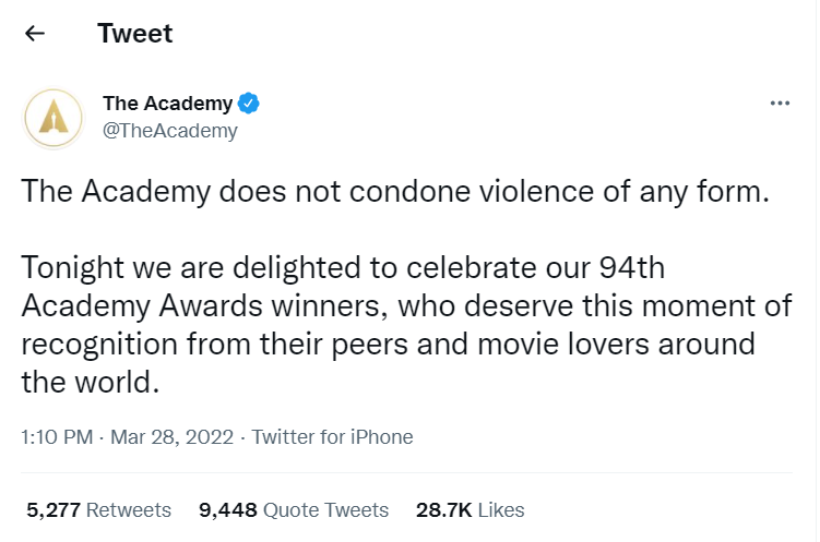 奧斯卡獎主辦方美國影藝學院表示：學院不會饒恕任何形式的暴力。   圖：翻攝自美國影藝學院推特