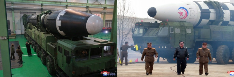 南韓軍方評估，北韓3月24日下午試射的應為「火星-15」(圖左)洲際彈道導彈，而非官媒宣稱的「火星-17」(圖右)。   圖：新頭殼合成/圖源朝中社