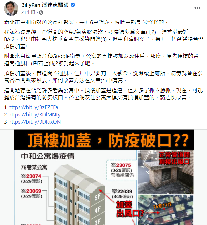 中和公寓同棟9人染疫，潘建志認為應是經由公寓管道間的空氣／氣溶膠傳染，並表示「頂樓加蓋」成為台灣獨有破口。   圖：擷取自潘建志醫師粉絲專頁