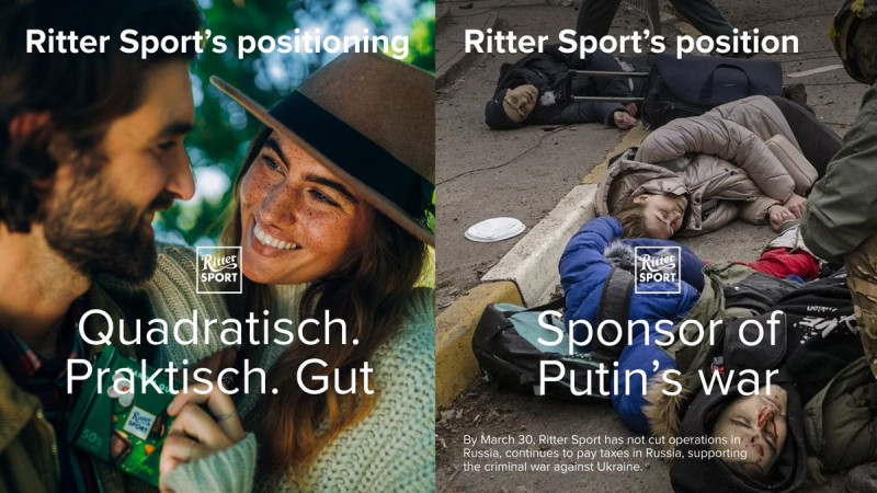德國知名巧克力 Ritter Sport 拒絕退出俄羅斯市場，烏克蘭外交部長德米特羅·庫列巴 （Dmytro Kuleba）發文呼籲共同抵制。   圖:擷取自Dmytro Kuleba twitter