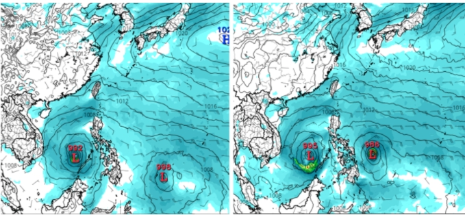 最新(2日20時)歐洲(ECMWF左圖)及美國(GFS右圖)模式，模擬9日20時地面圖顯示，南海及菲律賓東方海域各有熱帶擾動活動，但模擬的位置、強度皆有差異。(圖擷自Tropical tidbits)   圖/擷自Tropical tidbits(「三立準氣象．老大洩天機」專欄)