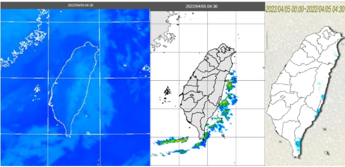 紅外線衛星雲圖顯示，台灣東方海面有鬆散低層雲(左圖)。4：30雷達回波合成圖顯示，台灣東側近海有零星回波(中圖)。4：30累積雨量圖顯示，東半部有局部雨(右圖)。   圖/「三立準氣象．老大洩天機」專欄