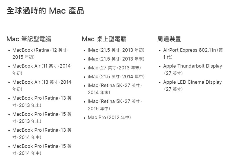3款筆電MacBook Air 11吋（2014 年）、MacBook Air 13吋（2014 年）、MacBook Pro 13吋（2014 年）都已經出現在復古產品名單，到了四月底將正式走入歷史。   圖：取自蘋果官網