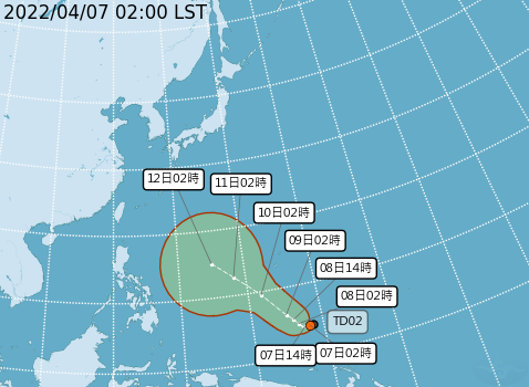 中央氣象局表示，熱帶性低壓今天2時的中心位置，在關島南方海面，以每小時4公里速度，向西緩慢前進，有發展為輕度颱風趨勢。   圖：中央氣象局/提供