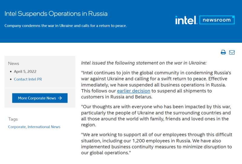 英特爾還表示，將會支持所有在俄羅斯的1200名員工度過這一困難時期，也實施了業務方面的連續性措施，以盡量減少對全球業務的干擾。   圖：翻攝自Intel官網