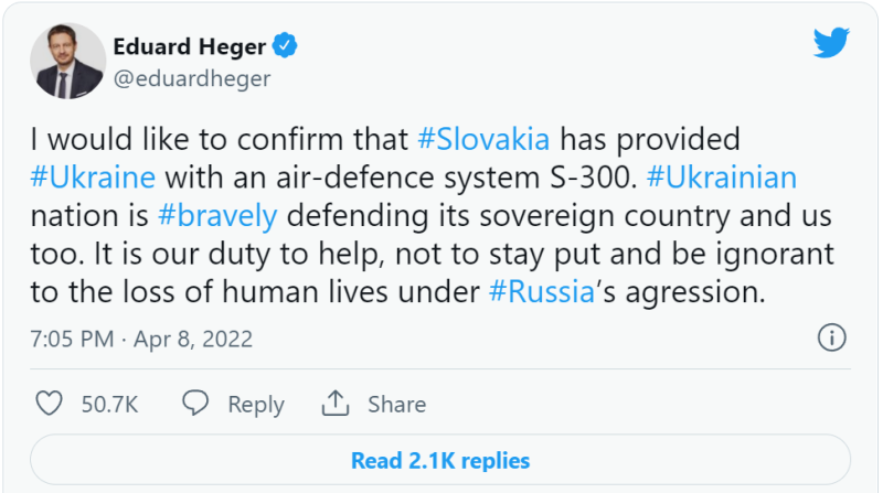 斯洛伐克總理黑格爾宣布，向烏克蘭提供 S-300 防空系統。   圖:翻攝自黑格爾推特