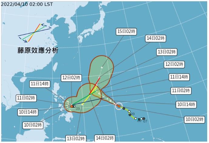 菲律賓東方近海另一熱帶低壓，明將發展為第二號颱風梅姬，與馬勒卡颱風產生「雙颱(藤原)效應」、有逆時鐘互繞現象。   圖/「三立準氣象· 老大洩天機」專欄