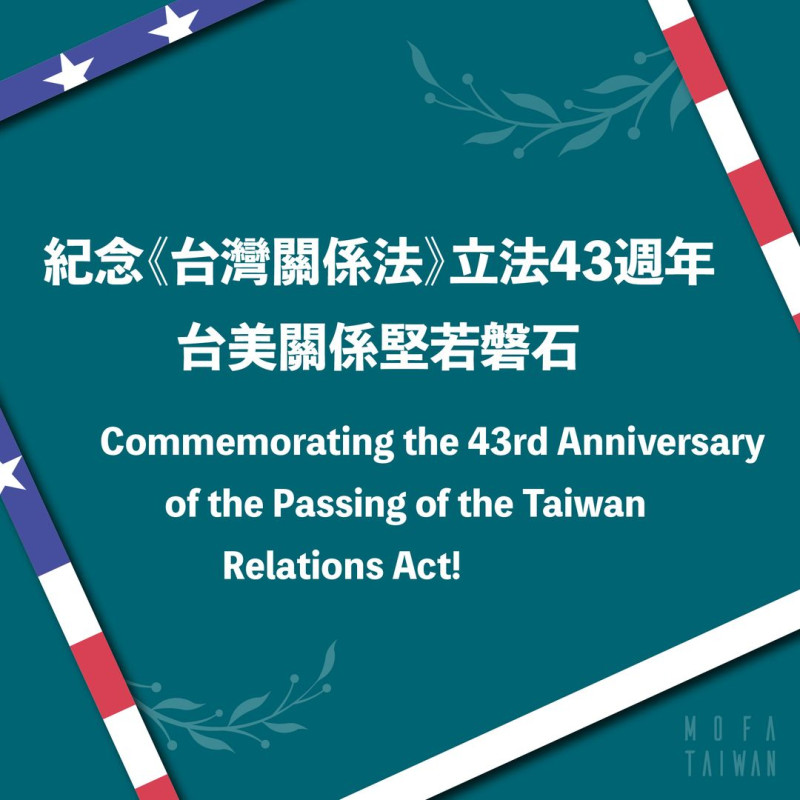 外交部說，今天是《台灣關係法》立法43週年，強調台美關係堅若磐石。   圖：翻攝外交部臉書