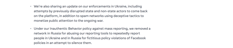 Meta第一季對抗性威脅報告中，強調將對俄羅斯或烏克蘭散佈假消息的用戶，都會被Meta封鎖或直接移除帳號，減少不實訊息的傳播。   圖：截自Meta官方部落格