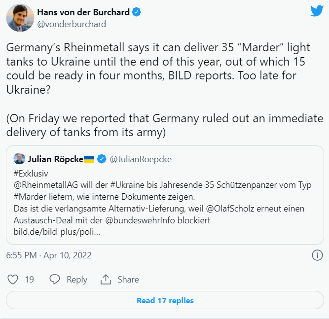 記者馮德伯查得（Hans von der Burchard）發文推特質疑，援助對烏克蘭而言是否太慢？   圖:翻攝自推特