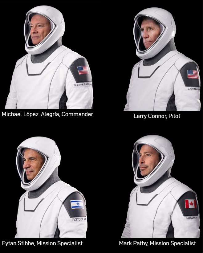 「AX-1」任務4名太空人均非現役，指揮官(左上)為規劃本次任務私人太空公司副總，帶領三位分別來自美、加跟以色列的企業家赴國際太空站。   圖：截取spacex.com網頁