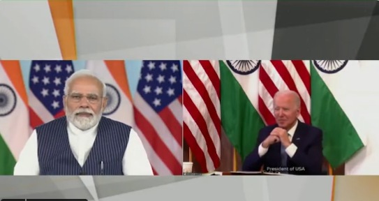 美國總統拜登（右）11日與印度總理莫迪（左）舉行視訊會談。   圖：擷自莫迪（Narendra Modi）Twitter影片