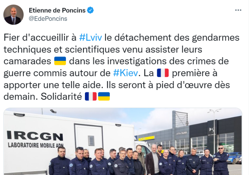法國駐烏克蘭大使於當地時間4月1日在推特上發文表示：「法國是第一個提供此類幫助的國家，他們明天將開始工作」   圖：擷取自@EdePoncins/Twitter