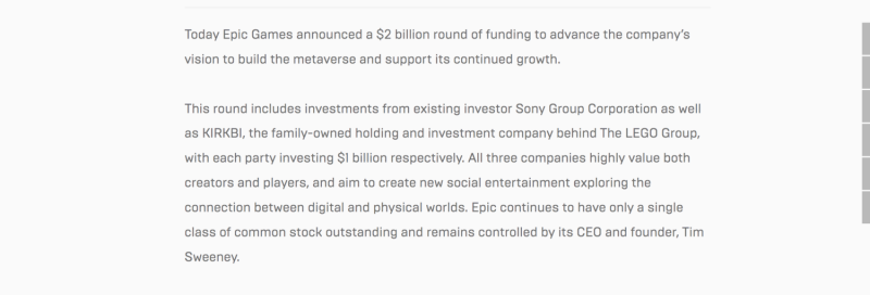 Epic Games昨日在官網公佈Sony和樂高的投資消息，總共獲得20億美元的資金。   圖：截自Epic Games官網