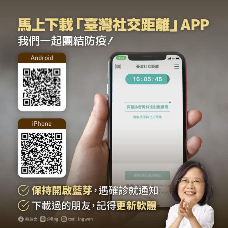 總統蔡英文12日透過臉書呼籲民眾下載台灣社交距離App，一起團結防疫。   圖：翻攝蔡英文 Tsai Ing-wen臉書