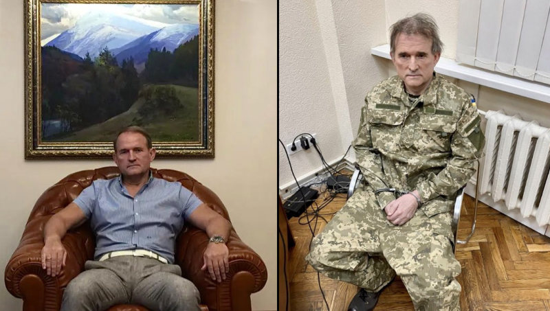 澤連斯基於 12 日在Telegram貼出一張梅德偉丘克戴著手銬、狀態狼狽的照片（右），他在此前遭指控與俄羅斯總統普丁關係良好。（左方照片為逮捕前，梅德偉丘克於自宅拍攝的照片）   圖：翻攝推特@Strandjunker