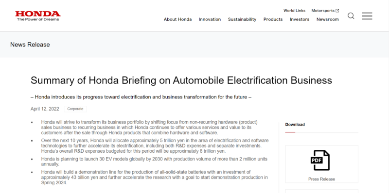 日本本田汽車（Honda）昨日在官網上宣布，除了400億美元推動電動車業務，也計劃到2030年將推出30款EV車型，年產量將超過200萬輛。   圖：翻攝自本田官網