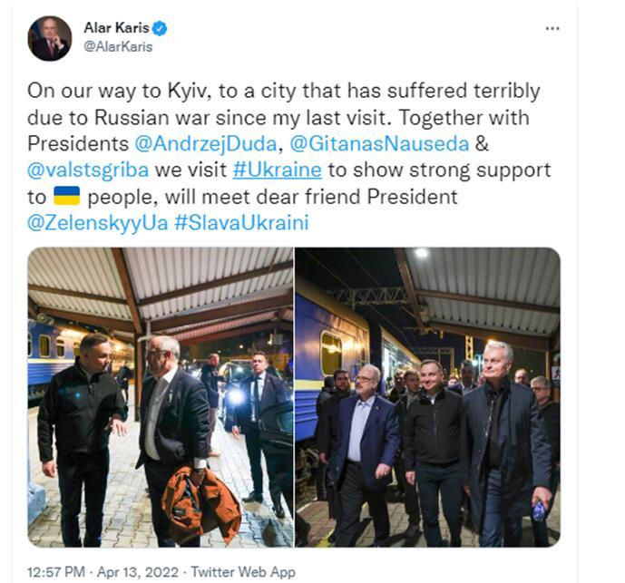 愛沙尼亞總統卡里斯發佈推特表示，自己與波蘭總統杜達、立陶宛總統瑙塞達、拉脫維亞總統列維特斯等人正在前往基輔的途中。   圖：翻攝自推特