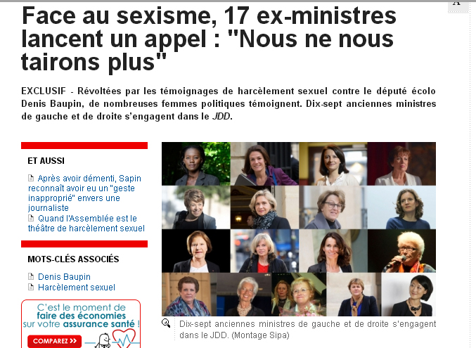 17名法國前任女部長15日在法國《星期日報》發表聯署聲明，強烈表達「不再沉默」的立場。   圖：翻攝le JDD