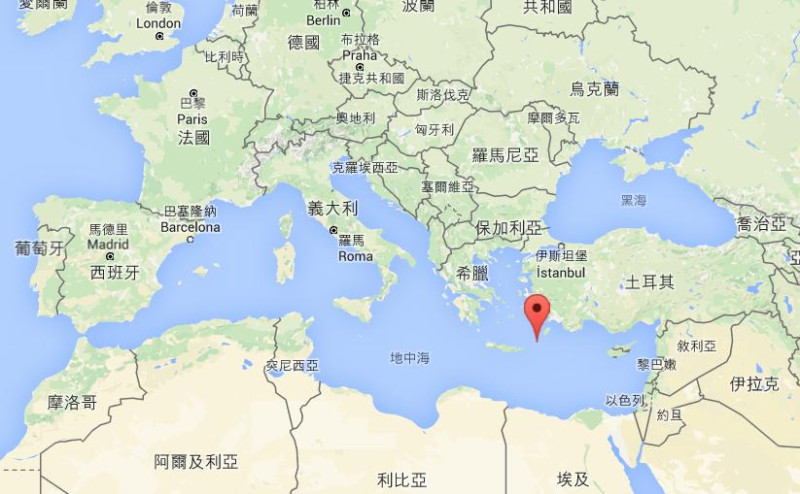《法新社》稍早引述希臘機場最新消息指出，埃及航空MS804班機墜毀在希臘喀帕蘇斯島（Karpathos）外海墜毀。   圖:翻攝Google Map