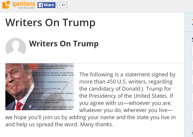 美國作家發起連署反川普，號召更多人加入。   圖：翻攝「Writers on Trump」網站