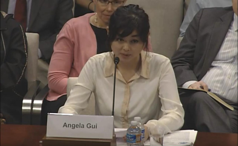 香港銅鑼灣書店老闆桂民海之女Angela出席美國國會聽證會。這是Angela首次公開露面，她表示父親被綁架，呼籲國際社會向中國施壓，要求中國放人。   圖：翻攝youtube