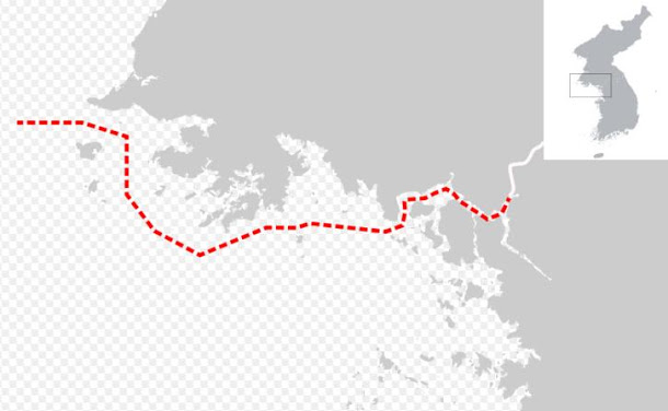 根據韓國的觀點，紅線是NLL北方界線，NLL以北應為朝鮮的控制區域，以南則為韓國海域。   圖：翻攝維基網站