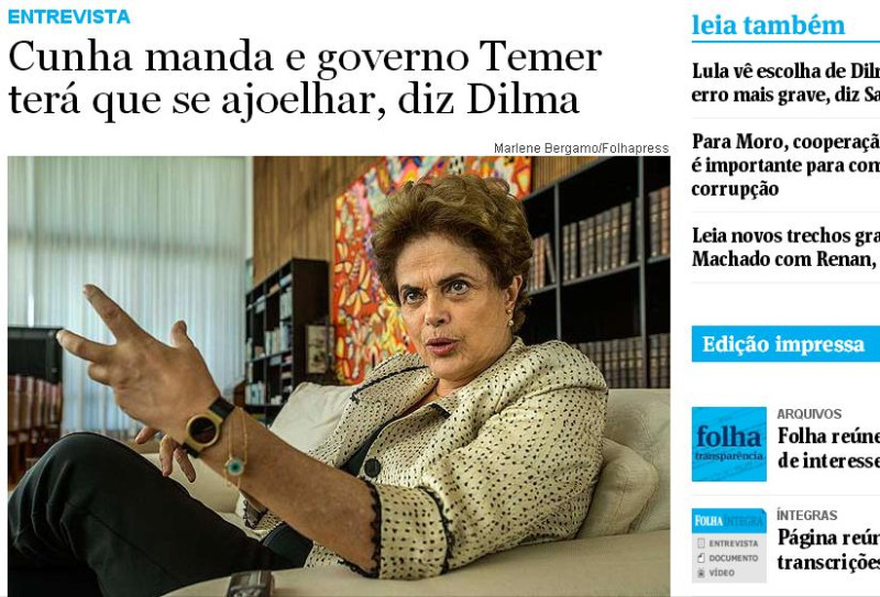 《聖保羅頁報》28日刊出的專訪羅賽芙內容，再扯巴西石油案牽連廣泛。   圖：翻攝《聖保羅頁報》