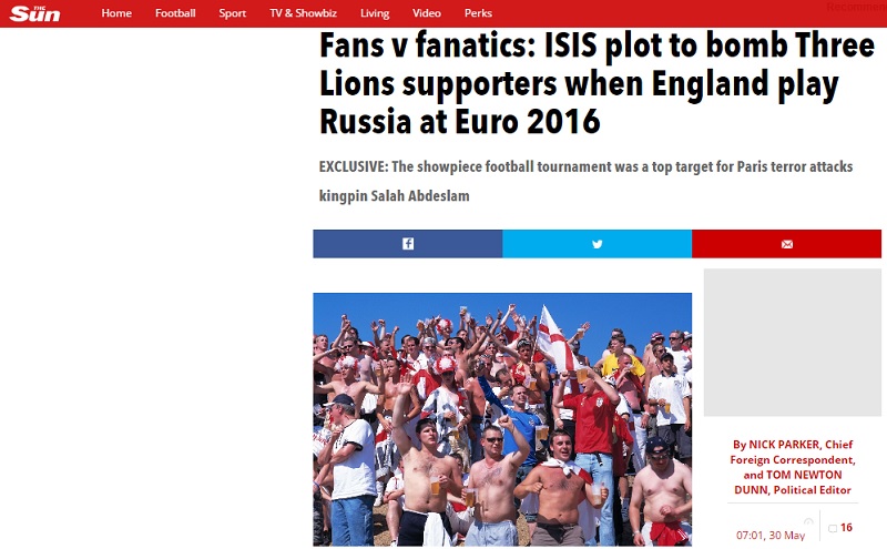 根據外媒報導，6月在法國馬賽舉行歐洲國家盃足球賽時，IS恐怖分子計畫對英國球迷發動攻擊。   圖：翻攝《The Sun》網站