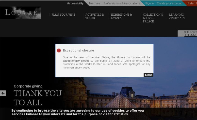 法國巴黎著名的羅浮宮因為連日水患，塞納河水位暴漲，在官網宣布3日將閉館。   圖：翻攝羅浮宮官網