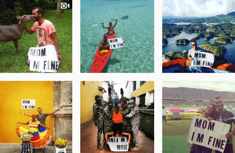 比利時男子奎恩尼斯無論是在加勒比海、巴拿馬或哥倫比亞，總是拿著「MOM, I ‘M FINE」大字報拍照。   圖：翻攝奎恩尼斯Instagram
