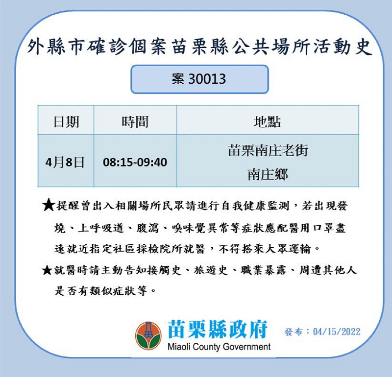 苗栗今+16，苗栗知名景點男庄老街入列確診者足跡。   圖：苗栗縣衛生局提供