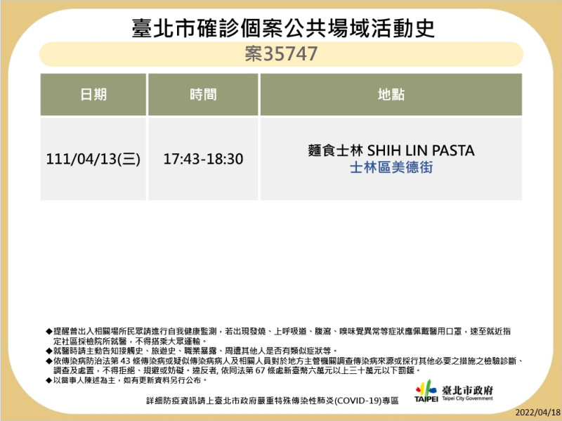 台北市公布最新疫調足跡。   圖：台北市政府 / 提供