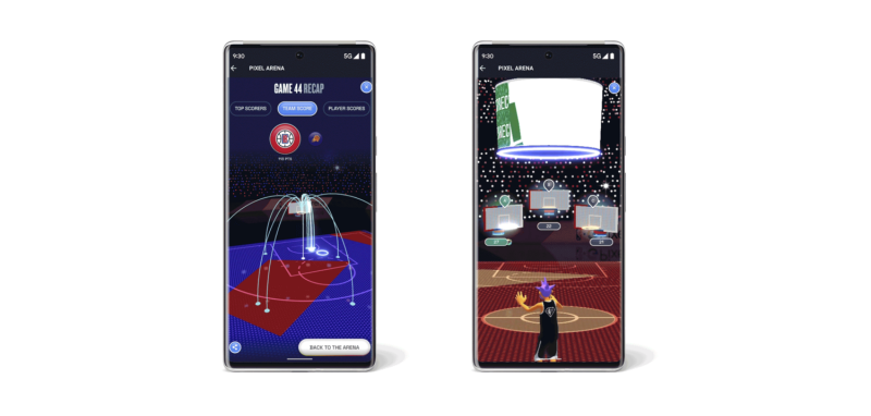 NBA Google Pixel Arene，球迷可以自己設計化身在虛擬空間中與他人進行互動，也可以在上面得到即時賽事資訊。   圖：取自Google官方部落格