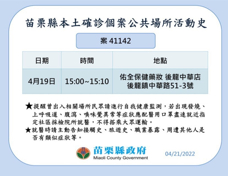 苗栗縣確診個案公共場所活動史。   圖：苗栗縣政府提供