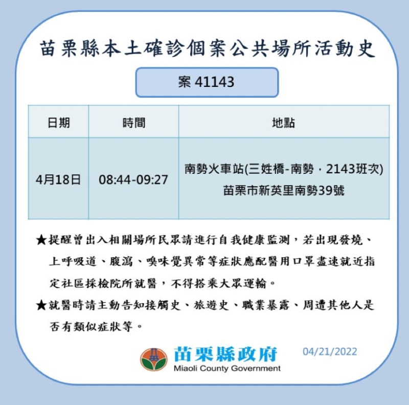 苗栗縣確診個案公共場所活動史。   圖：苗栗縣政府提供