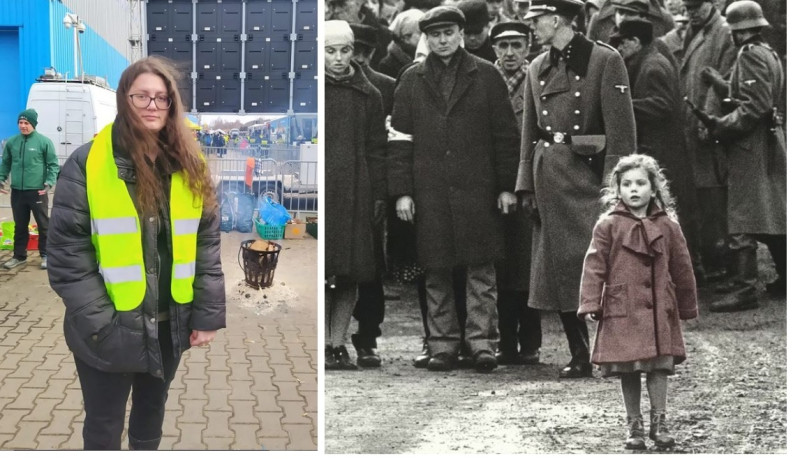 1993年電影《辛德勒名單》橫掃奧斯下，片中的紅衣女孩（右圖前）令人印象深刻；演出紅衣女孩的波蘭女星達布羅斯卡（左圖）如今投身協助烏克蘭難民。   圖：翻攝自達布羅斯卡IG/新頭殼合成