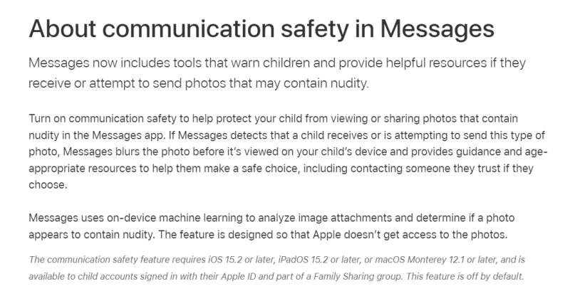 通訊安全功能允許家長為孩子的iPhone打開警告，啟用後孩子使用發送訊息或接收的所有照片都會被掃描是否有不當內容。   圖：翻攝自蘋果官網