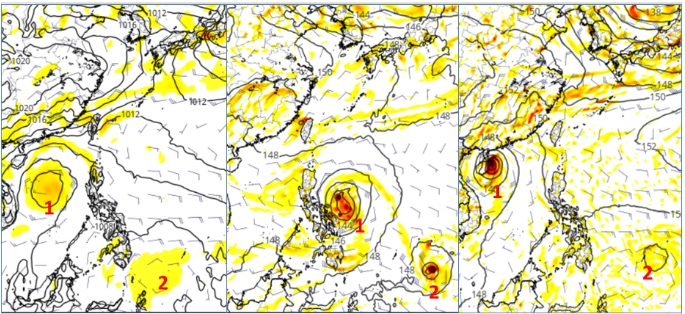 最新歐(左圖)、美(中圖)、加(右圖)模式，模擬1日20時850百帕渦度圖顯示，在南海或菲律賓東方有「熱帶擾動(1)」發展，並皆有向東北緩慢迴轉的趨勢。在菲律賓東方海域則另有1個「熱帶擾動(2)」發展。由於理論限制，「熱帶擾動」的位置、強度及動向，皆存有顯著差異。   圖／取自「三立準氣象．老大洩天機」專欄