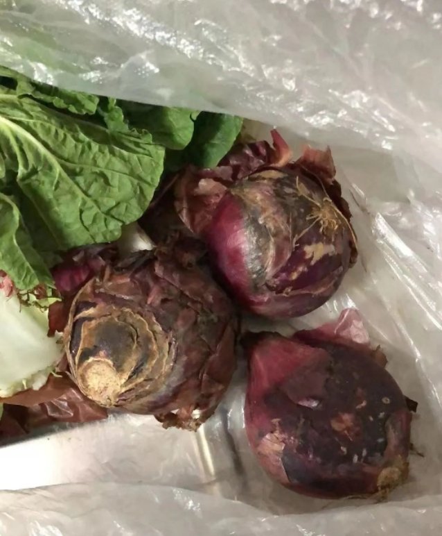 上海封城，居民領物資不僅拿到腐爛鴨肉，還附贈腐爛蔬菜。   圖：翻攝自中國經濟周刊
