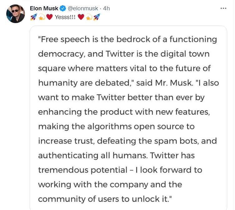 馬斯克與推特達成收購協議，開心在推特宣布好消息，並強調言論自由的重要。   圖：翻攝自馬斯克推特
