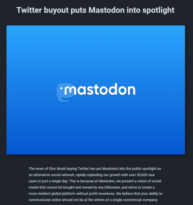 美國社群平台Mastodon昨日在官網上表示，在推特被收購後，數小時內大約有3萬名新用戶湧入該平台。   圖：翻攝自Mastodon官網