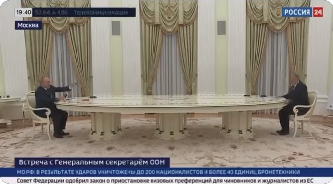 聯合國秘書長古特瑞斯(Antonio Guterres)訪問俄羅斯與俄國總統普丁(Vladimir Putin)會面。   圖：俄羅斯24有線電視網截圖